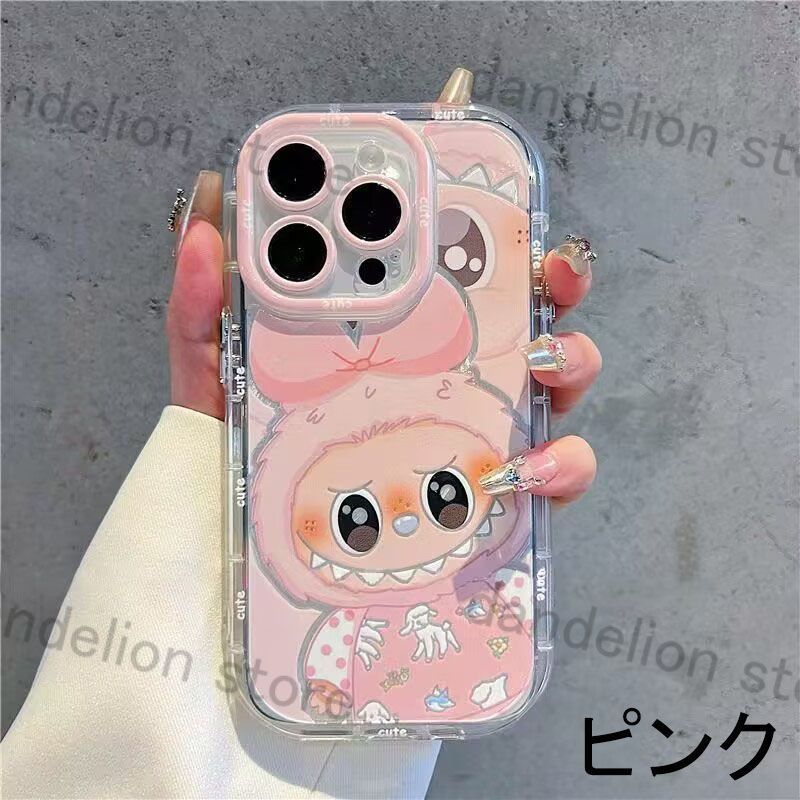 Labubu ラブブ スマホケース iPhone16 Pro スマホケース ラブブLabubu グリーン ピンク ストラップ付き