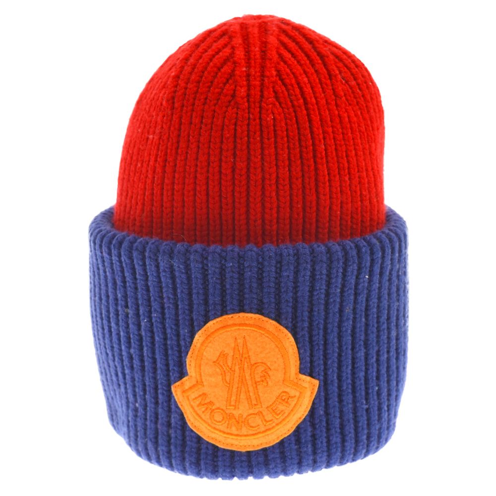MONCLER (モンクレール) 1952 BERRETTO TRICOT D20919921408 ロゴワッペン2トーンカラービーニー ニット帽 レッド/ブルー