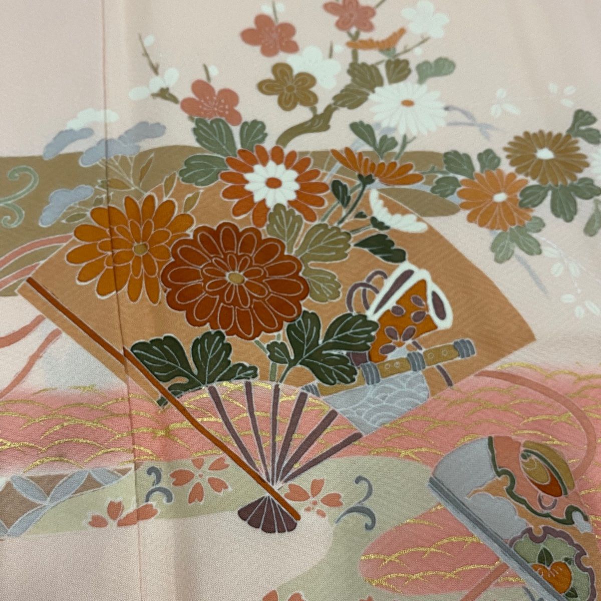訪問着 身丈165cm 裄丈65cm M 袷 扇 草花 金彩 サーモンピンク