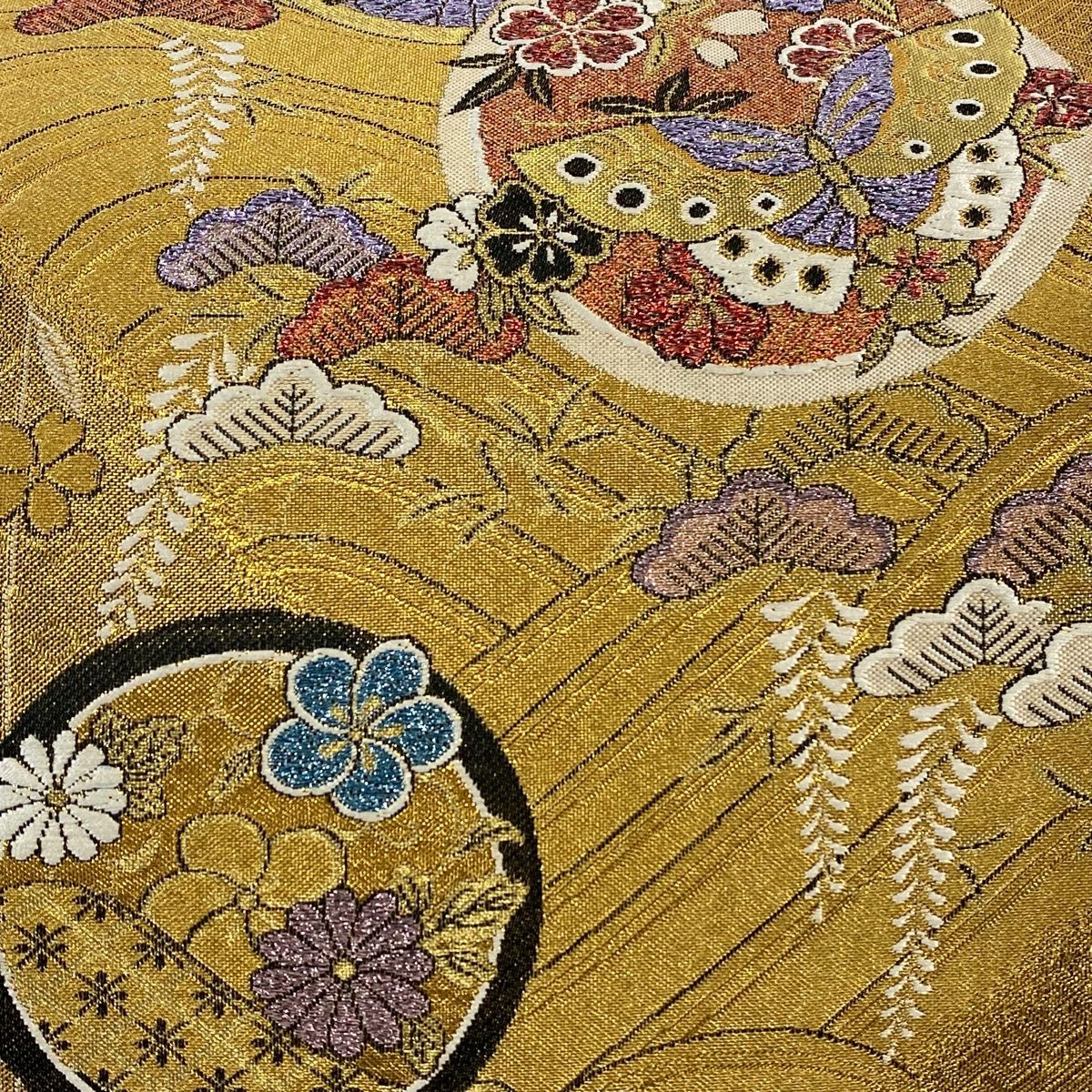 未使用正絹六通柄袋帯 唐織 花扇宝尽 正統派古典柄 橘 松 四季の花 本金草木染 AO-3951 ファッション 袋帯 本金 扇子 花唐草 素敵なデザイン 六通 正絹 U-