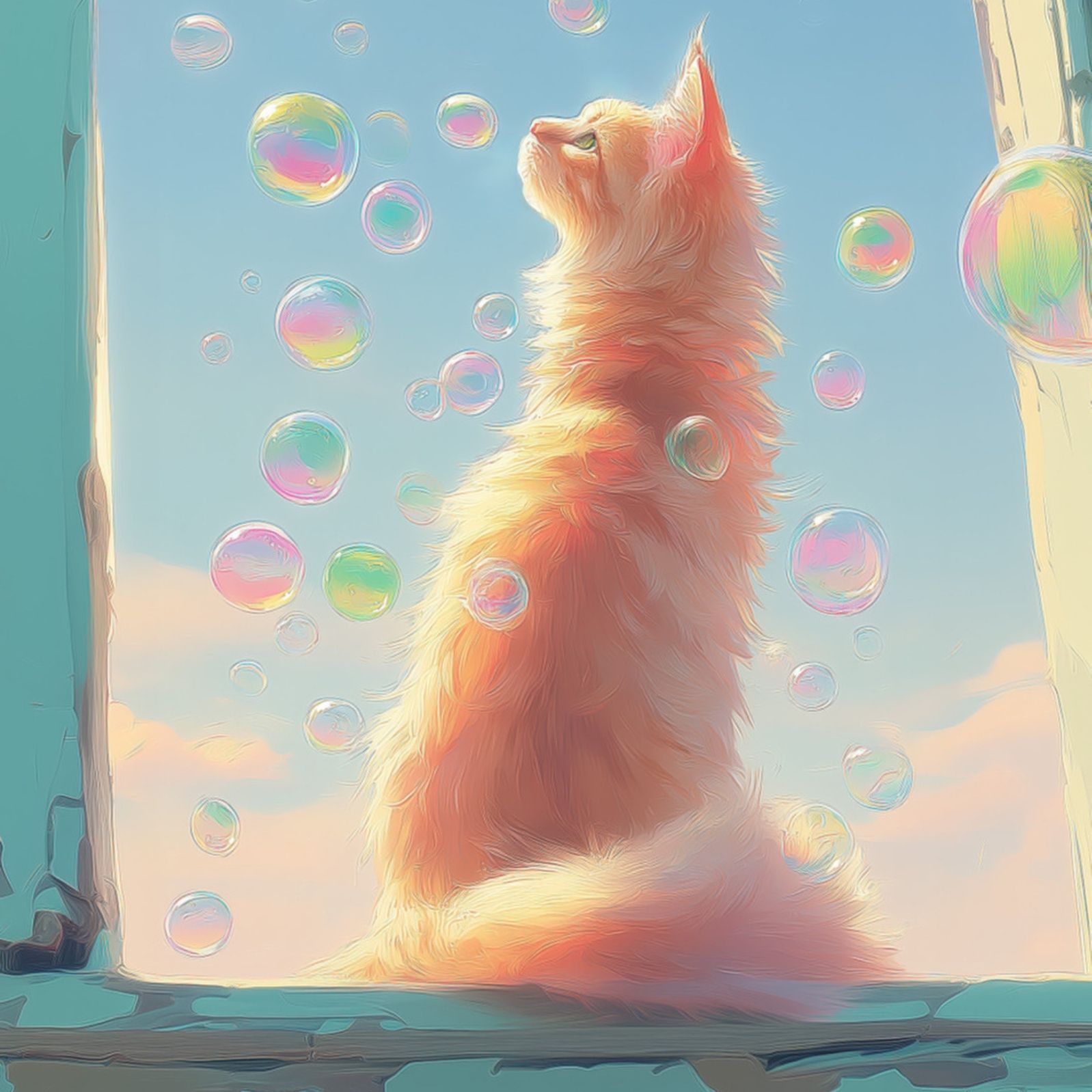 名入れOK 猫とシャボン玉 - ノルウェージャンフォレストキャット メインクーン サイベリアン猫 No.2 アートポスター ペットロス うちの子記念日 北欧 ナチュラル