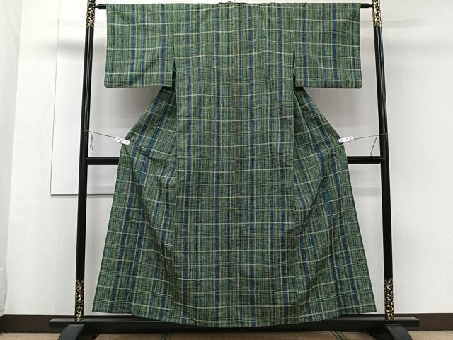 平和屋着物▽上質な紬 単衣 格子柄 正絹 逸品 CAAW1567xi