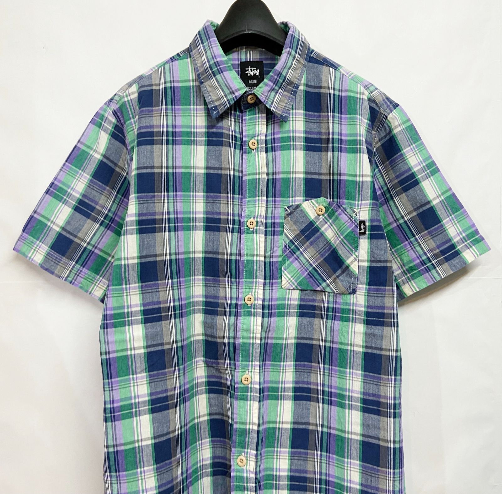 90s Stussy チェックシャツ　old 半袖 USA製 90s OLD STUSSY Check Cotton Open Collar S/S Shirt 紫