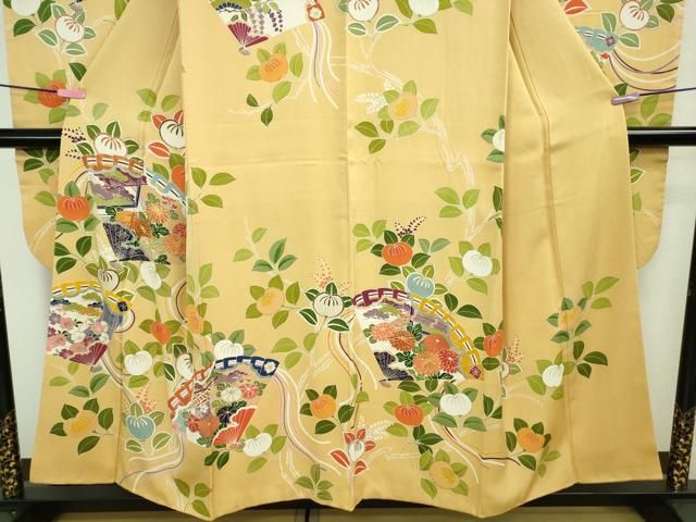 やべち ‪‪様 平和屋本店□極上 創業460年・千總 振袖 駒刺繍 檜扇橘花文 卵色