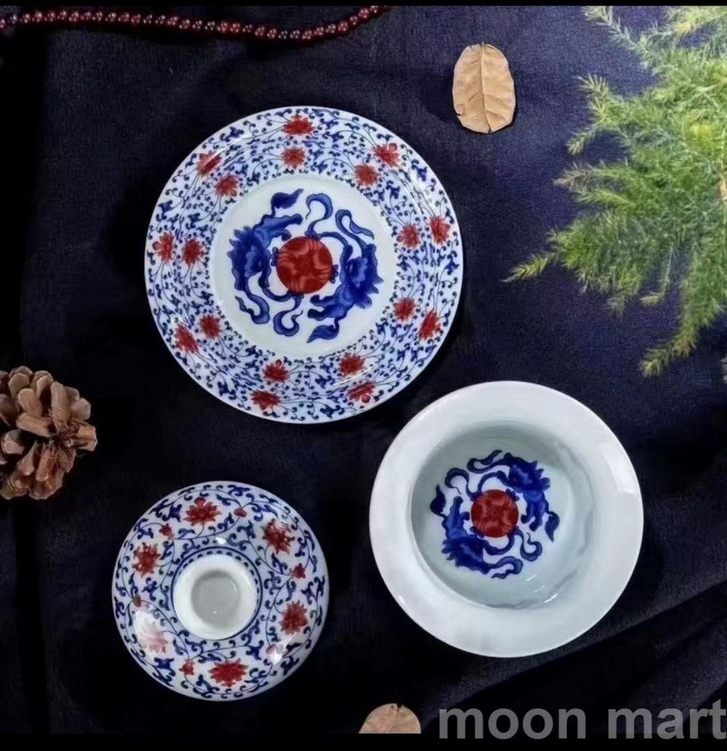 50%OFF 中国景徳鎮の古い陶泥開片青花釉里紅蓋碗アンティーク磁器 工芸品