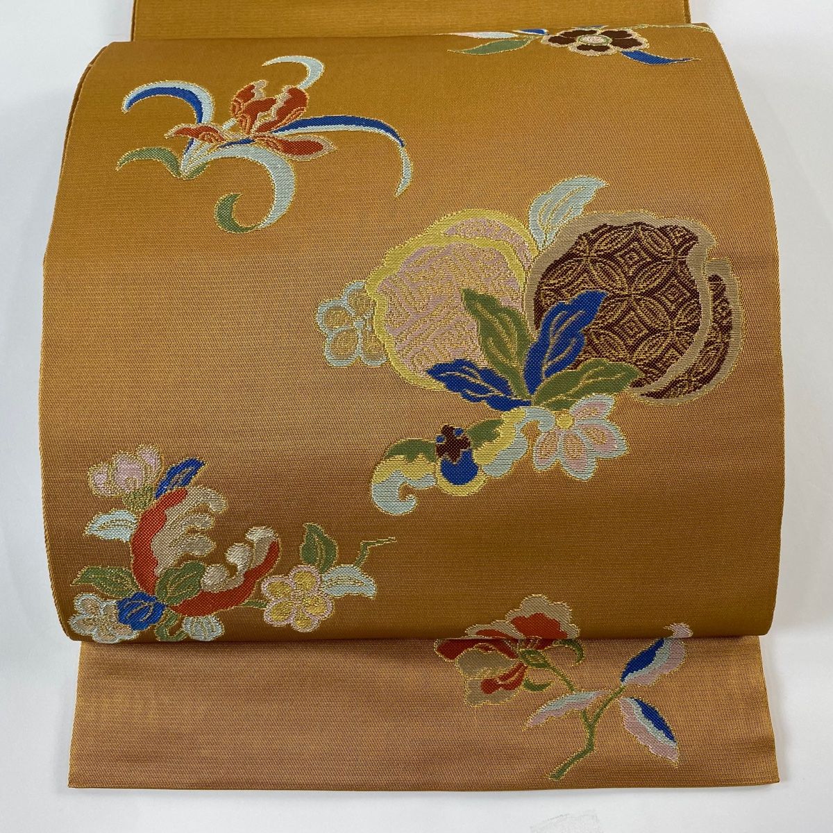 GR-5 本袋帯【たつむら】山吹茶色仙桃蘭花金糸落款