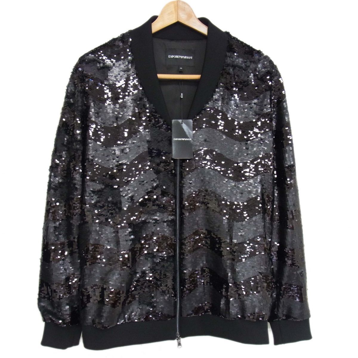 【美品】ARMANI アルマーニ ジャケット ラムレザー スパンコール 新品 黒タグ 最高峰◇EMPORIO ARMANI スパンコール ジップ