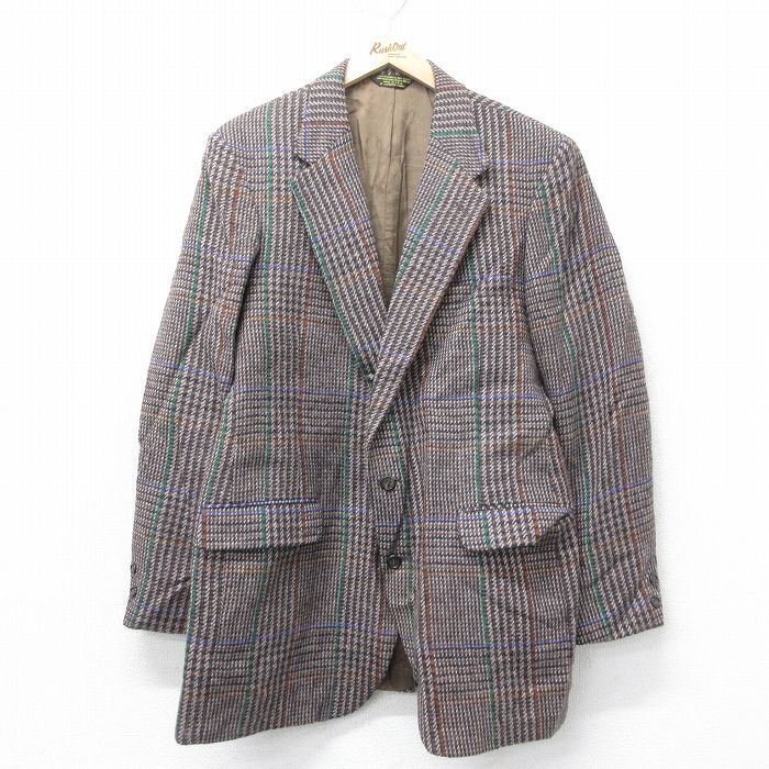 M/古着 長袖 テーラード ジャケット メンズ 90s ロング丈 ウール 茶他 ブラウン チェック 25feb04 中古 アウター