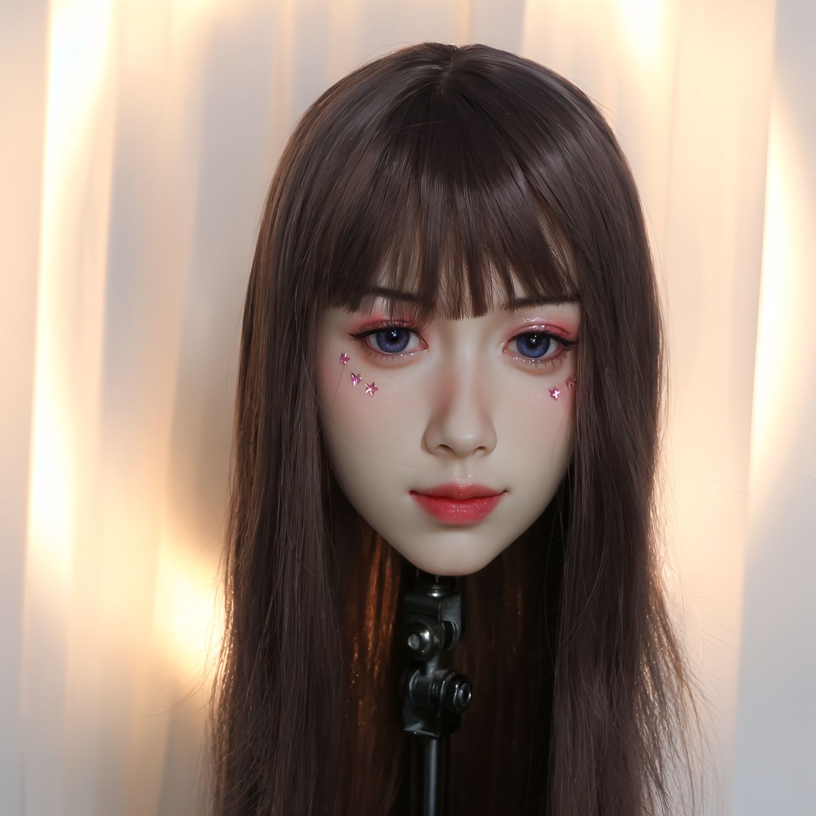 詳細なメイクアップ 取り外し なアイラッシュ＆ヘア付きのアーティキュレートTPE人形ヘッド 化粧品ディスプレイスタンド 対応する取り外し なウィッグ メイクアップリムーバーサフェ ヘアピース＆アクセサリーディスプレイ用