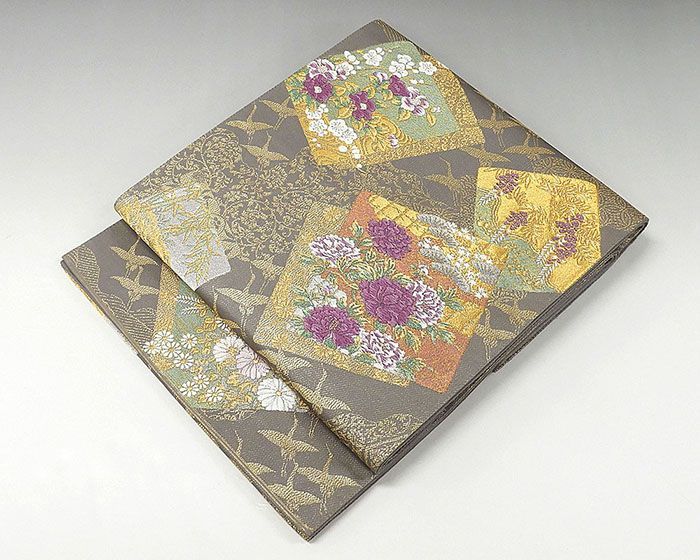 袋帯 正絹 じゅらく帝王紫 舞鶴四季花模様 袋帯 良品 リサイクル g0563