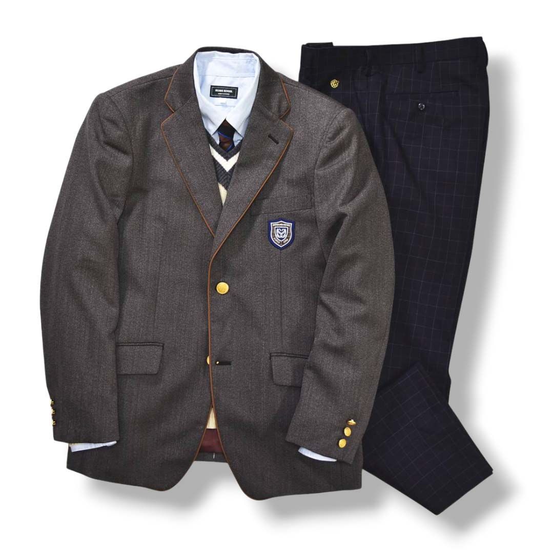 ビームス スクール BEAMS SCHOOL 品川翔英高校 高等学校 制服 一式 5P セットアップ 上下 ブレザー テーラード ジャケット スラック パンツ セーター シャツ ネクタイ 170 76 ブラウン x ピンチェック ネイビー メンズ