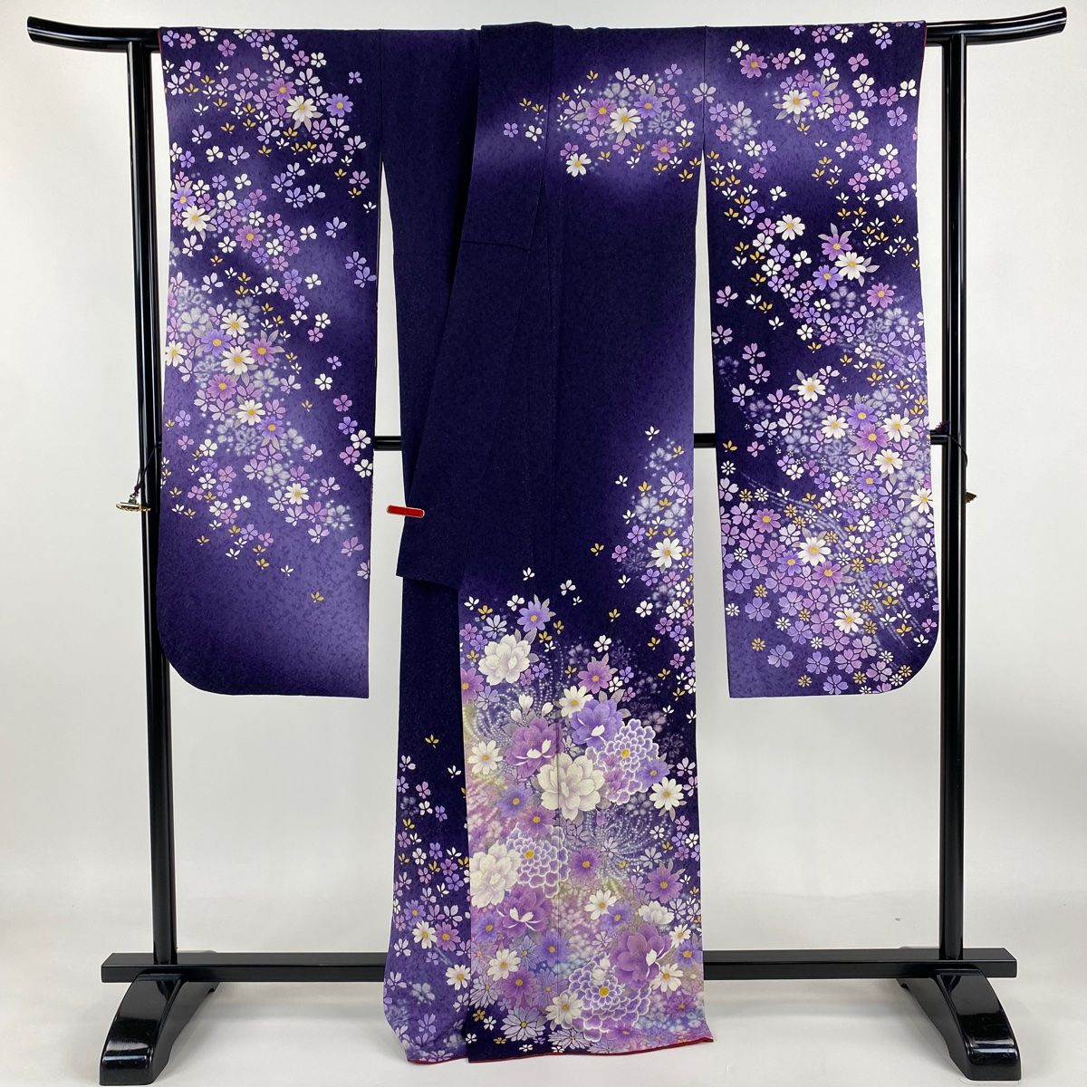 振袖 身丈168cm 裄丈68.5cm L 袷 草花 銀通し 箔 濃紫 正絹 美品