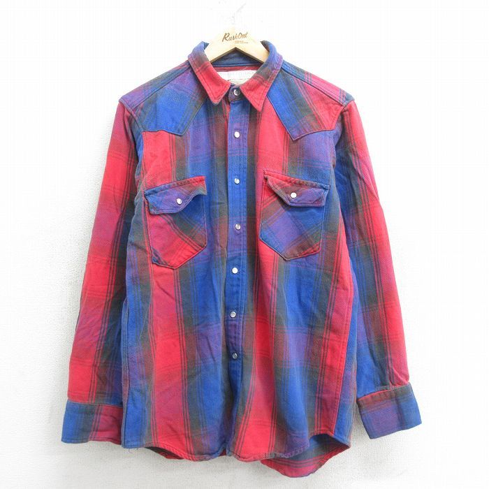 L/古着 メルトン MELTON 長袖 ウエスタン ヘビー フランネル シャツ メンズ 80s 赤他 レッド チェック 24sep25 中古 トップス