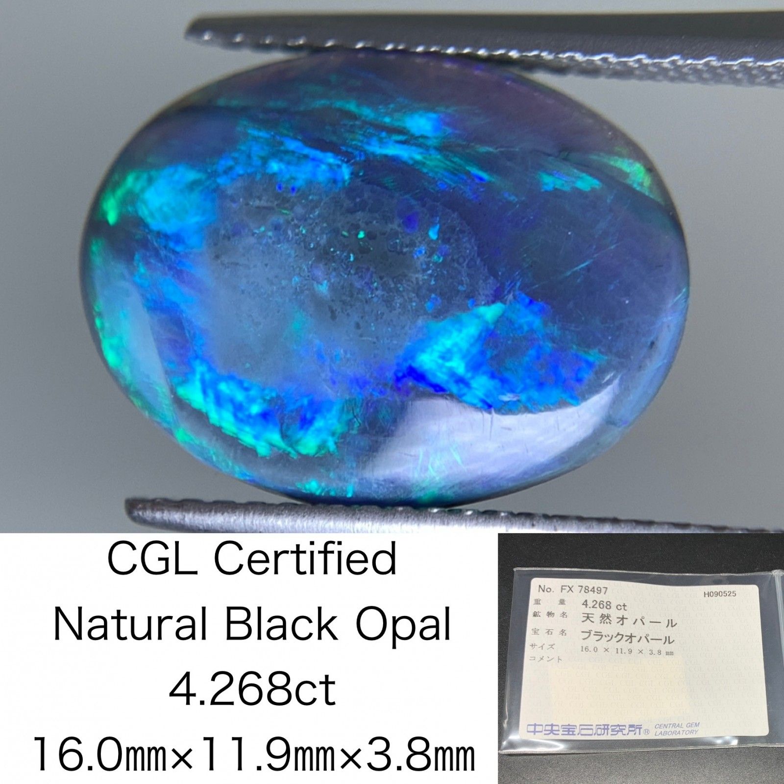 ブラックオパール 天然 4.268ct 中央宝石ソーティング付き 16.0㎜×11.9㎜×3.8㎜ ルース 裸石 6740Y