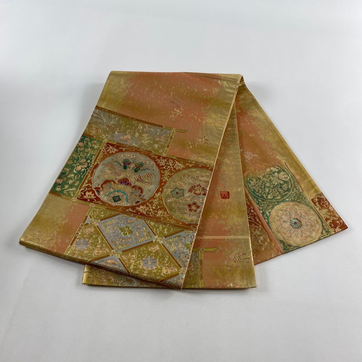 桂由美作 豪華袋帯金彩 赤糸の扇子模様 さくら柄 織り柄 全通 正絹YO-464 平和屋着物◎六通柄袋帯 芳名佐良紗 引箔袋 金糸 正絹 逸品