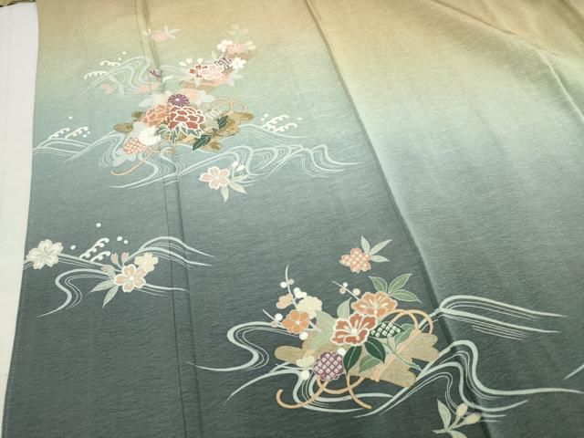 平和屋着物○訪問着 刺繍 草花文 暈し染め 金銀彩 正絹 逸品  