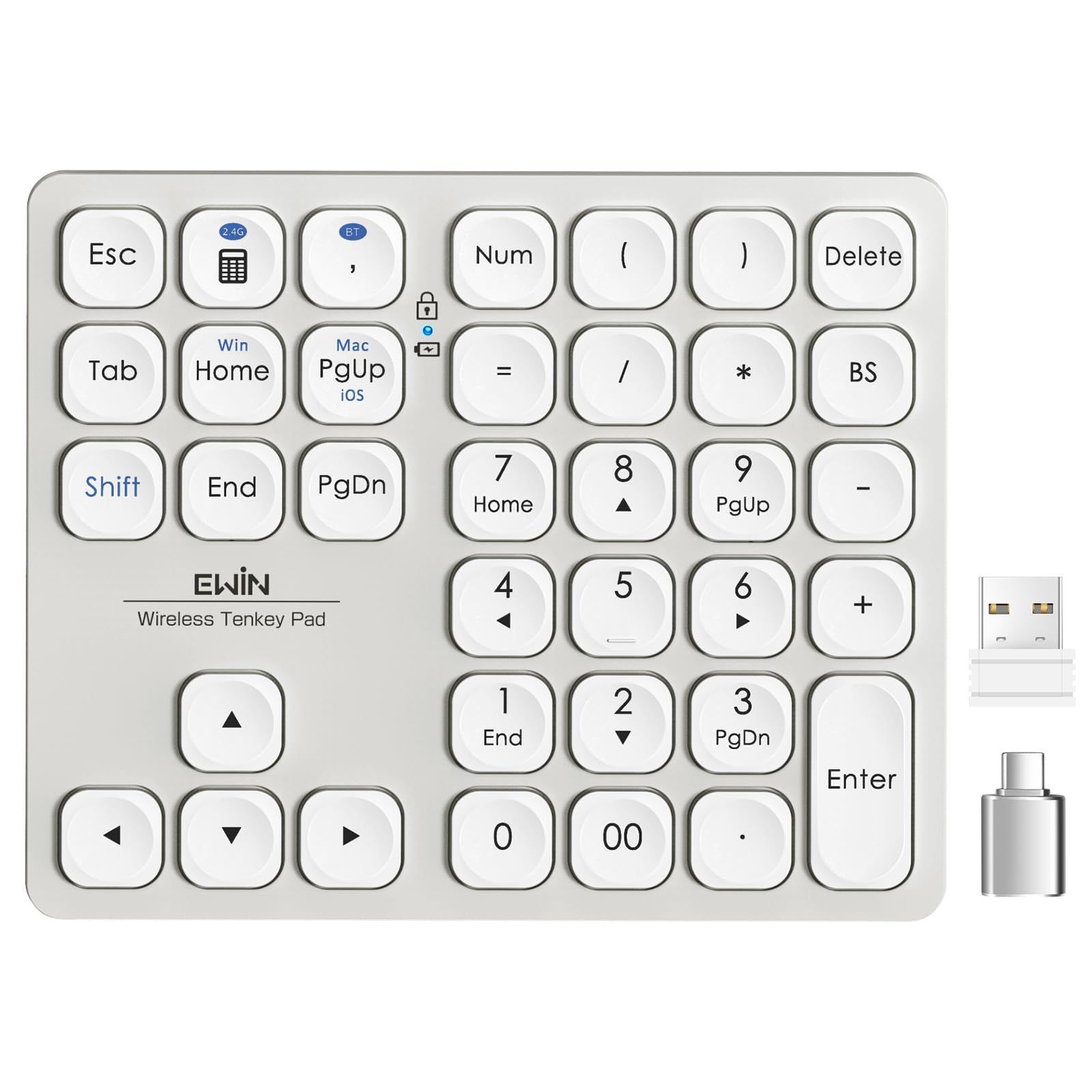 【人気商品】iOS 日本語対応 37キー iPadOS Type-C充電 numlock連動 Mac 超薄型 2台まで接続 Bluetoothキーボード Windows 数字キーボード ワイヤレス Androidに対応 Bluetooth/2.4G接続 キーボ