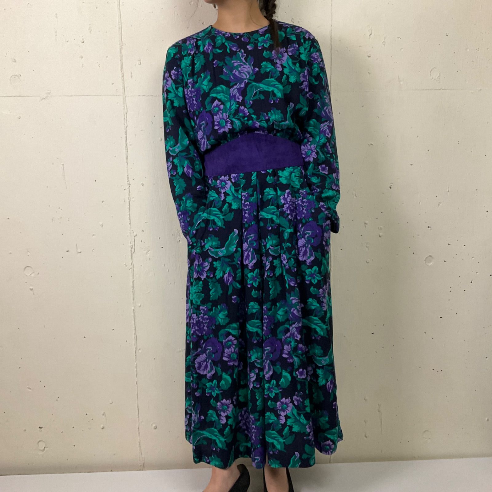 デッドストック 80年代 80s Karin stevens 花柄 長袖 ワンピース 