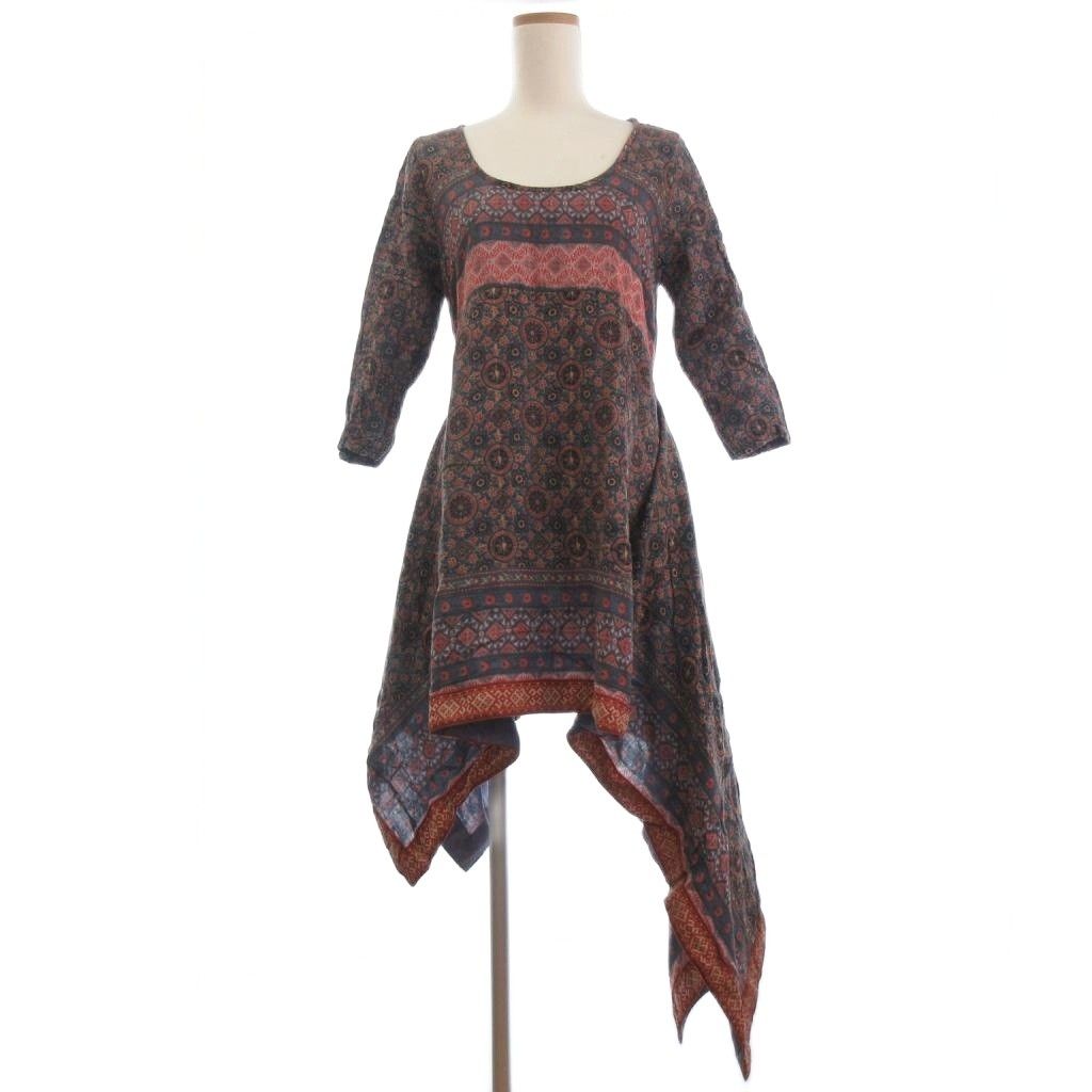 キャピタル kapital ワンピース ミニ アシンメトリー 変形 七分袖 総柄 S グレー 赤 レッド