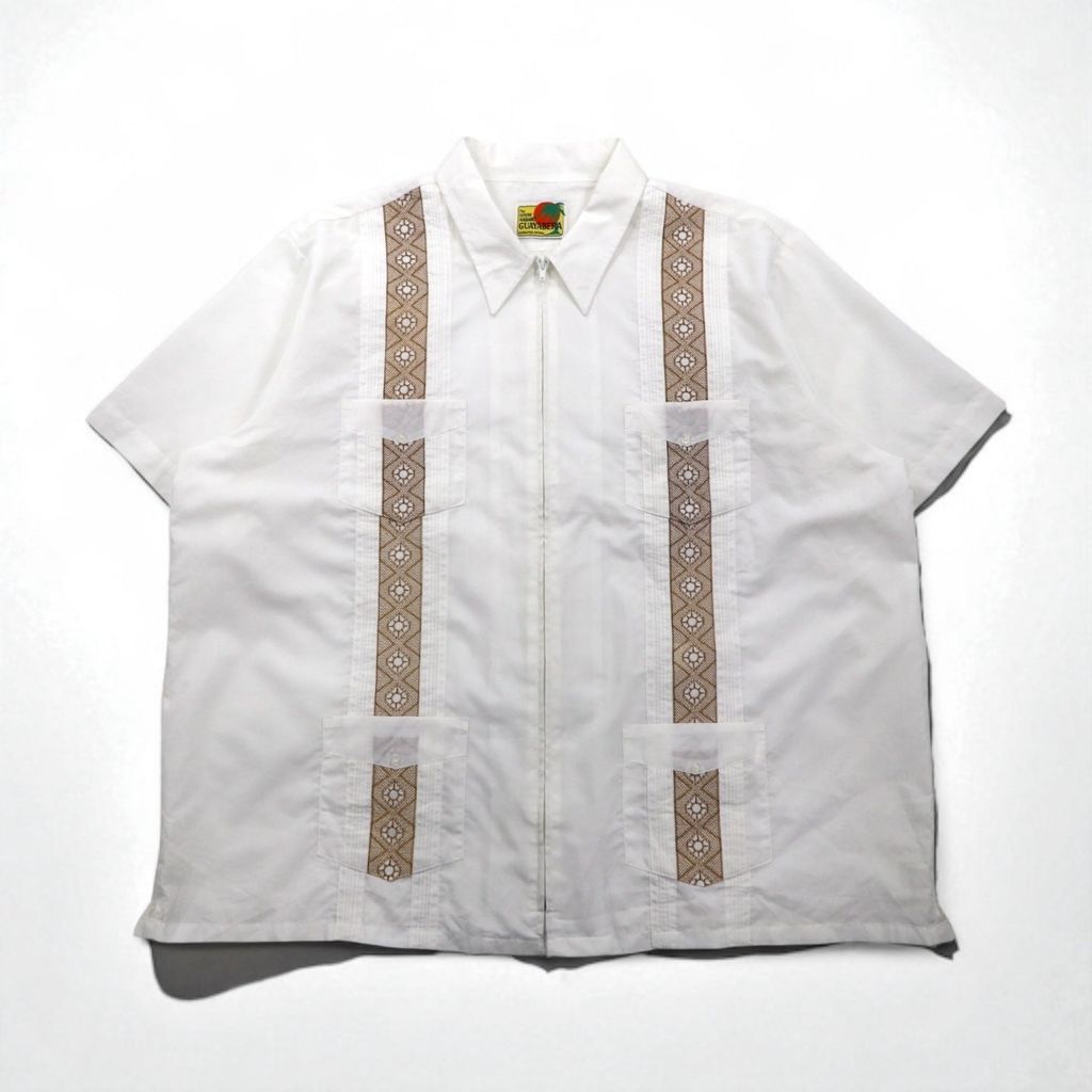 CUVAVERA キューバシャツ SILK BLEND 刺繍 古着 XL GUAYABERA 90年代 フルジップ キューバシャツ 半袖 ボックス