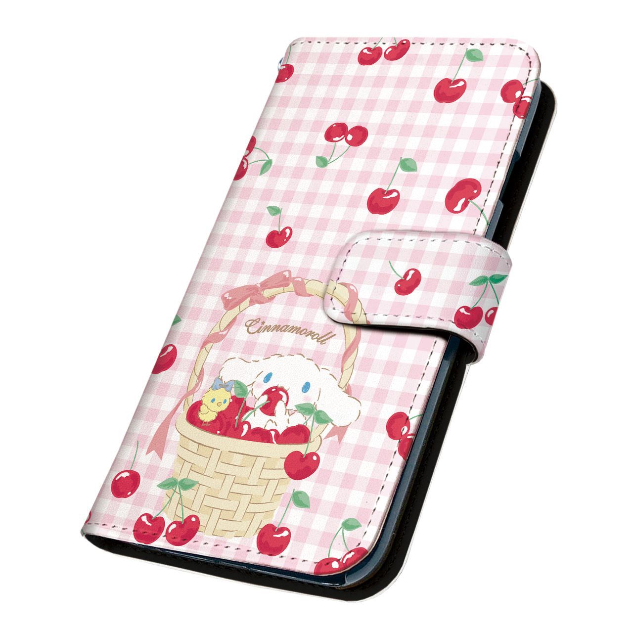 サンリオ 正規品 シナモロール Galaxy S24 SCG25 ケース 手帳型 スマホケース [デザイン:3.チェリー(チェックPK)/マグネットハンドあり] SANRIO シナモン