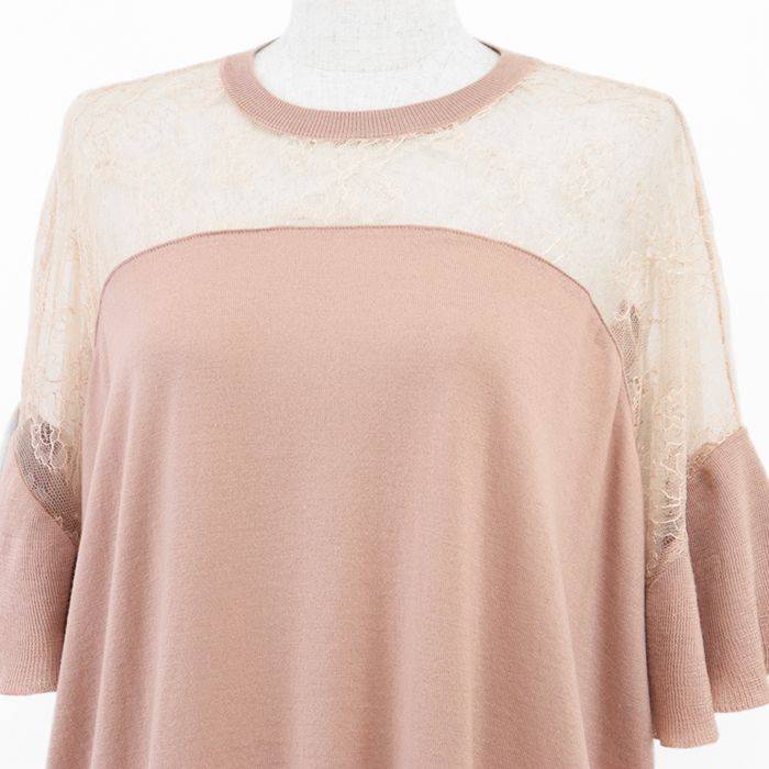 VALENTINO - SALE【美品】Valentino ヴァレンチノ ニット 花柄 レース コンビネーション クルーネック 半袖 ウール100％ ブラウス トップス レディース サイズ S ピンクベージュ イタリア製 SALE【美品】Valentino ヴァレンチノ ニット 花柄 レース