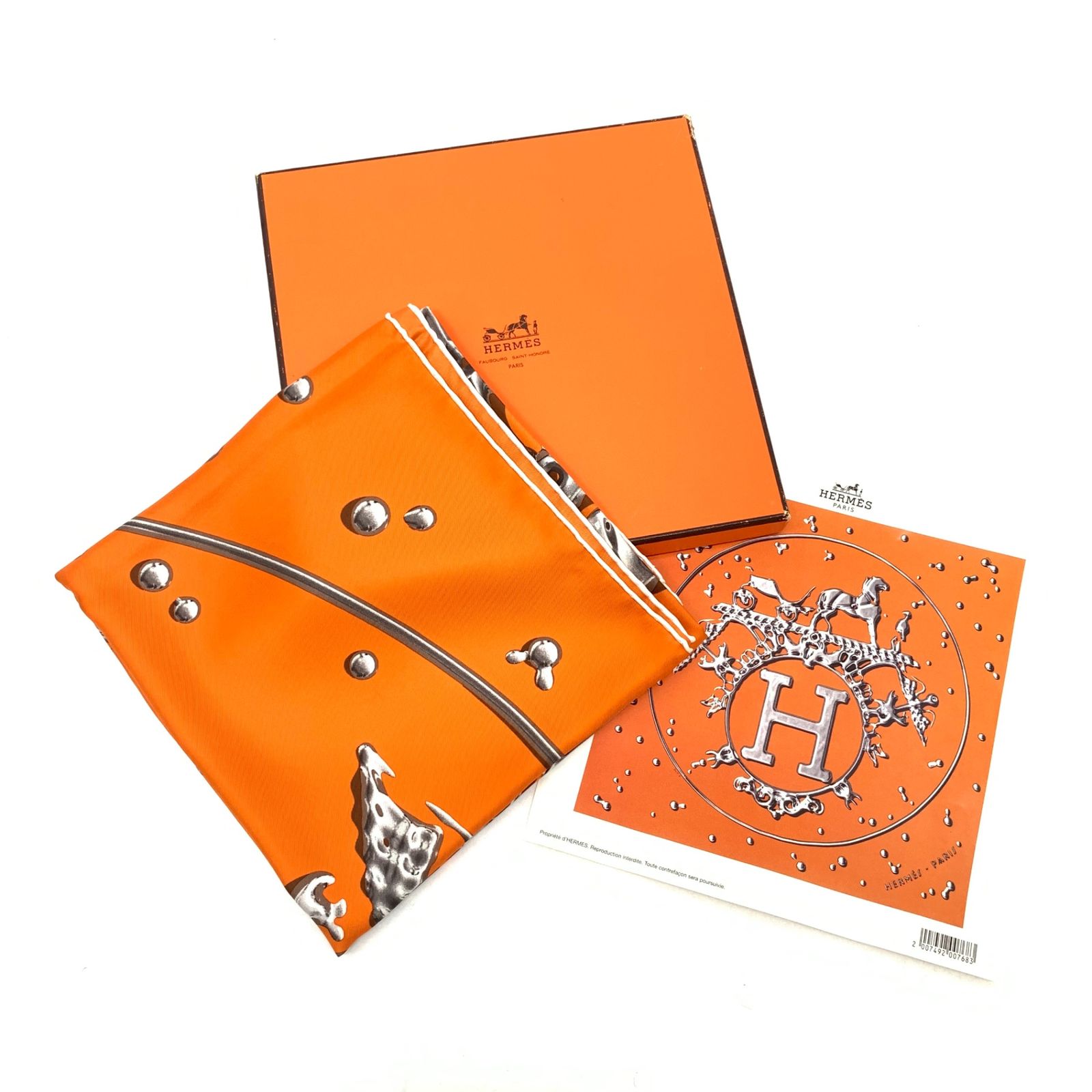極美品 HERMES エルメス カレ90 VIF ARGENT 銀の雫 オレンジ シルク