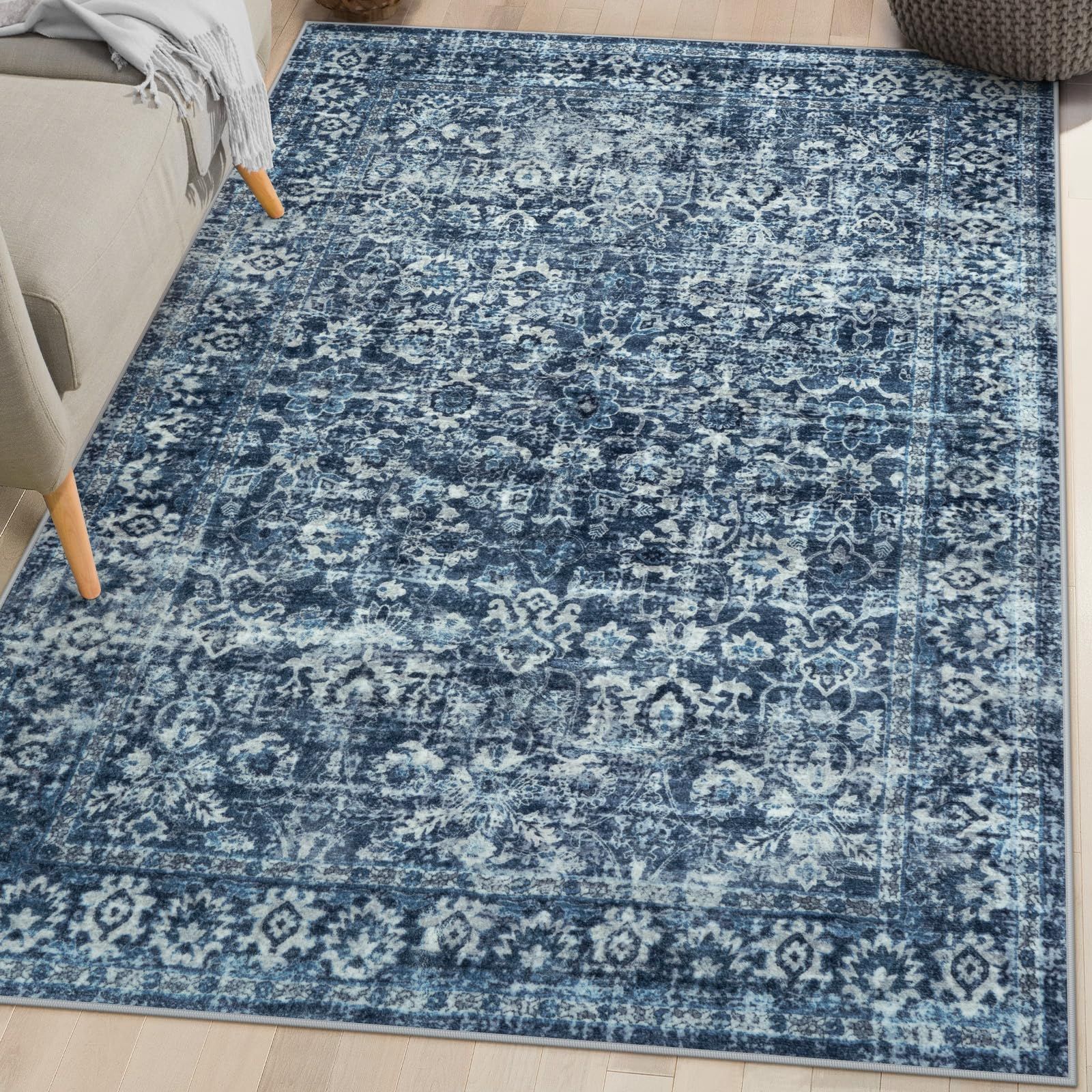 新品 HAOCOO ラグ 洗える 90×150cm オールシーズン適用 ペルシャ風 ラグマット 1畳 ふわふわ おしゃれ 滑り止め ホットカーペット対応 防ダニ 防臭 軽量 防音マット リビング 寝室 チェアマット アンティーク 花柄 ブルー