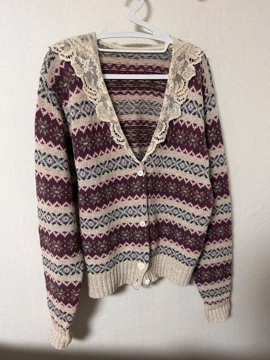 ヴィンテージ フェアアイル カラ―レイ レース カーディガン