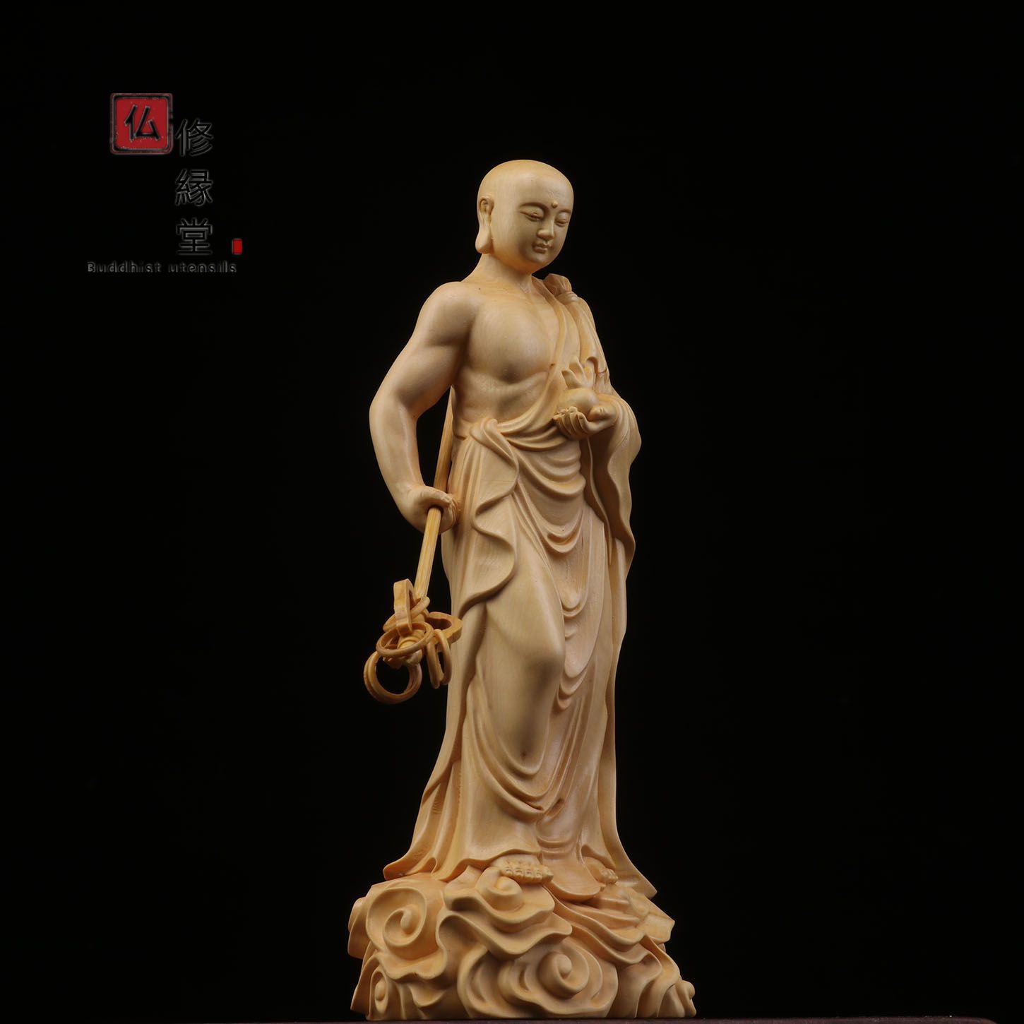 修縁堂】木彫り 仏像 地蔵王菩薩立像 柘植材 仏教工芸 精密彫刻 仏師で 