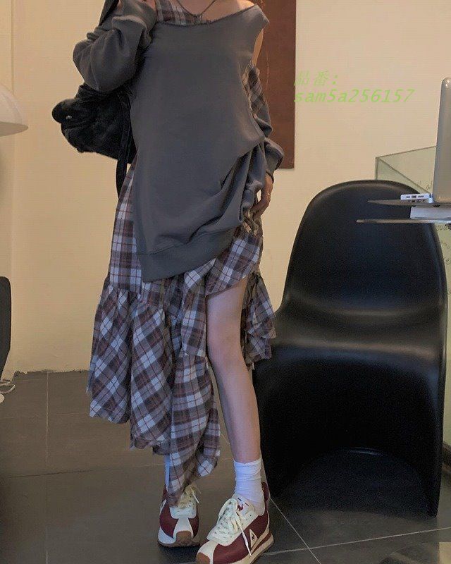 フィッシュテール スカート チェック 変形 アシメ 韓国 原宿系 オルチャン レディース 長袖衣装 ストリート am5a256157