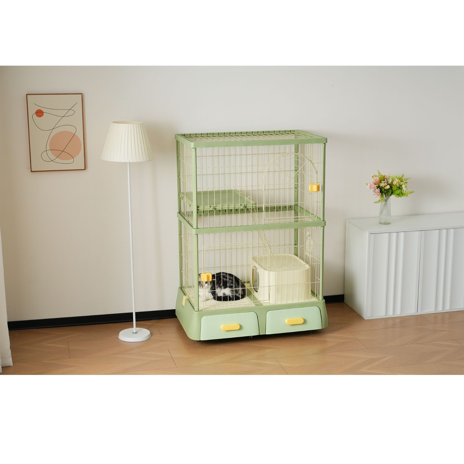 段式掃除便利猫ケージ｜引き出しトレー設計｜多頭飼い向け｜組立容易｜猫ドア搭載｜キャスター付き移動自在｜大型キャットハウス｜N508P185100B