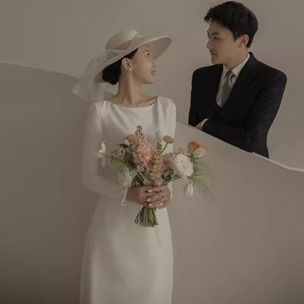 バックオープン ロング ドレス ウェディングドレス 長袖 韓国 0913