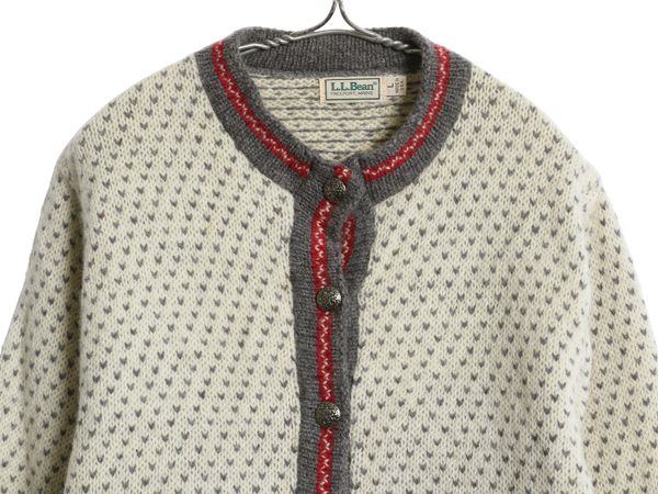 80 s エルエルビーン バーズアイ ニット カーディガン レディース L ヴィンテージ ウール セーター 前開き 羽織り 総柄 マルチ