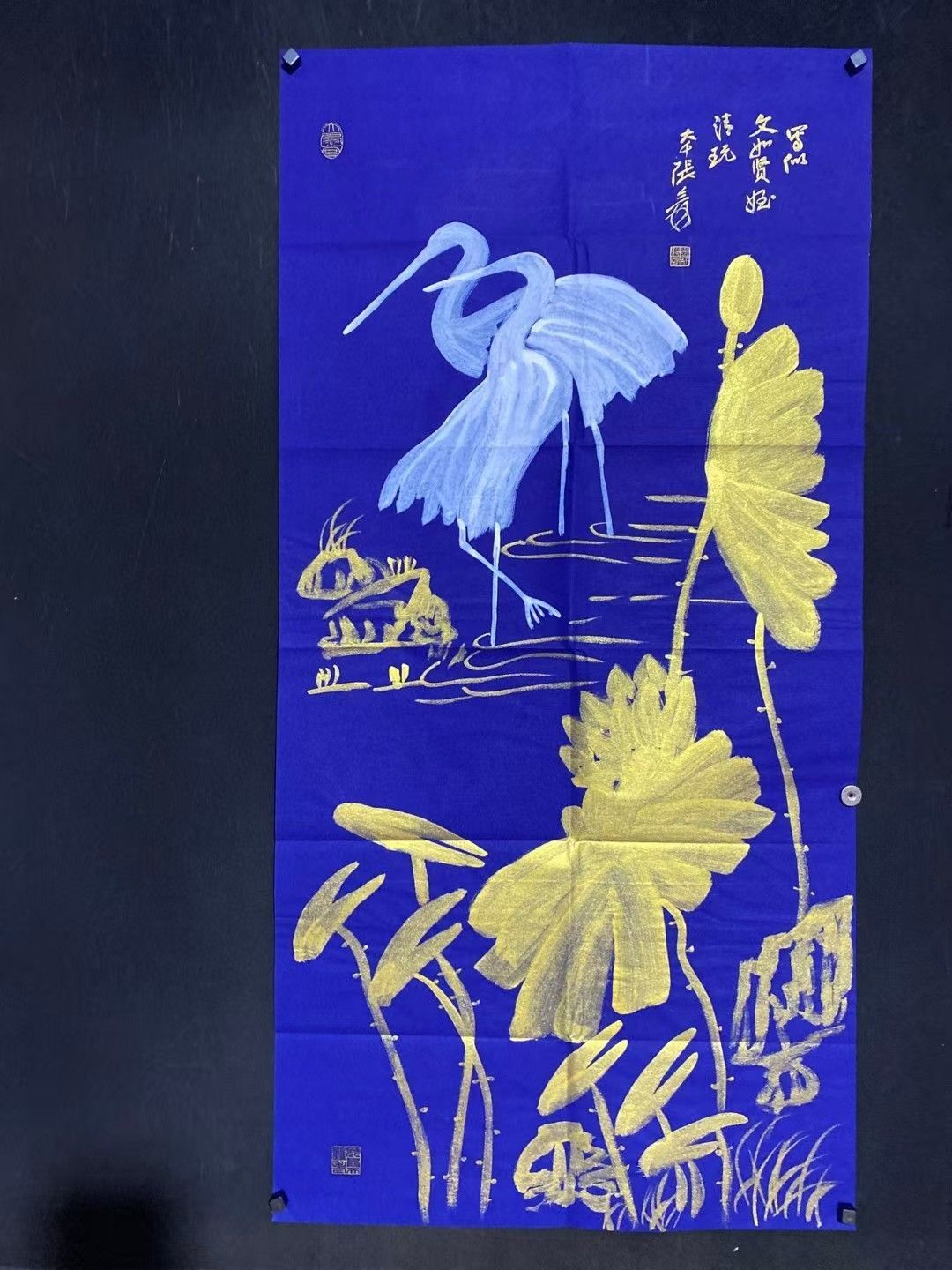 中国古美術. 旧蔵.張大千款.手描き.荷花白鷺圖.書道品.宣紙