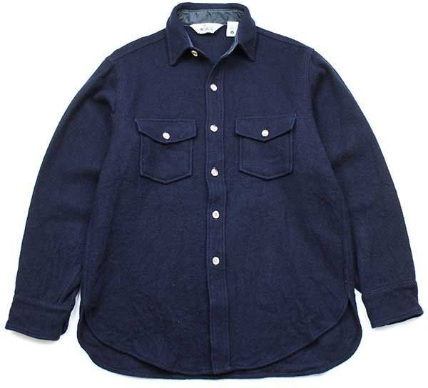 70s USA製 Woolrichウールリッチ 無地 ウールシャツ 濃紺 M