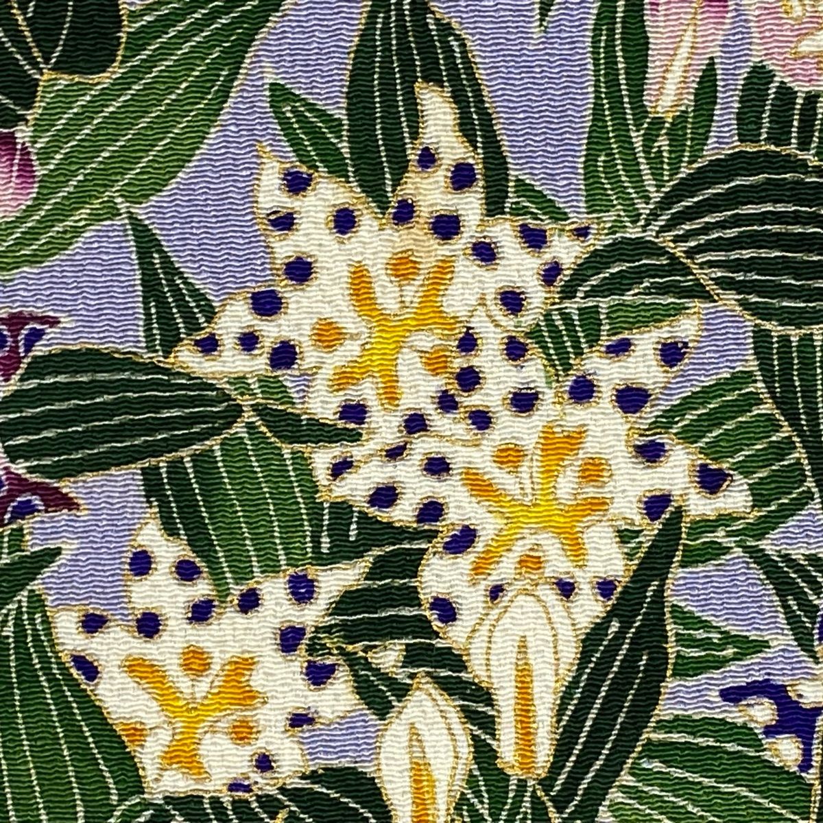 名古屋帯 落款 久呂田明功 草花 金彩 薄紫 正絹