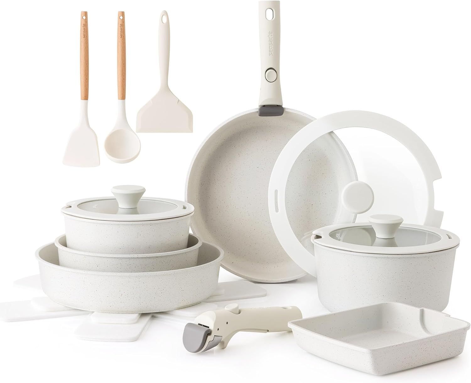 SENSARTE フライパン セット IH対応 ガス火対応 鍋セット 18点 取っ手のとれる 軽量 こびりつきにくい 鍋セット 卵焼き器 手入れ簡単 ホワイト 一年保証