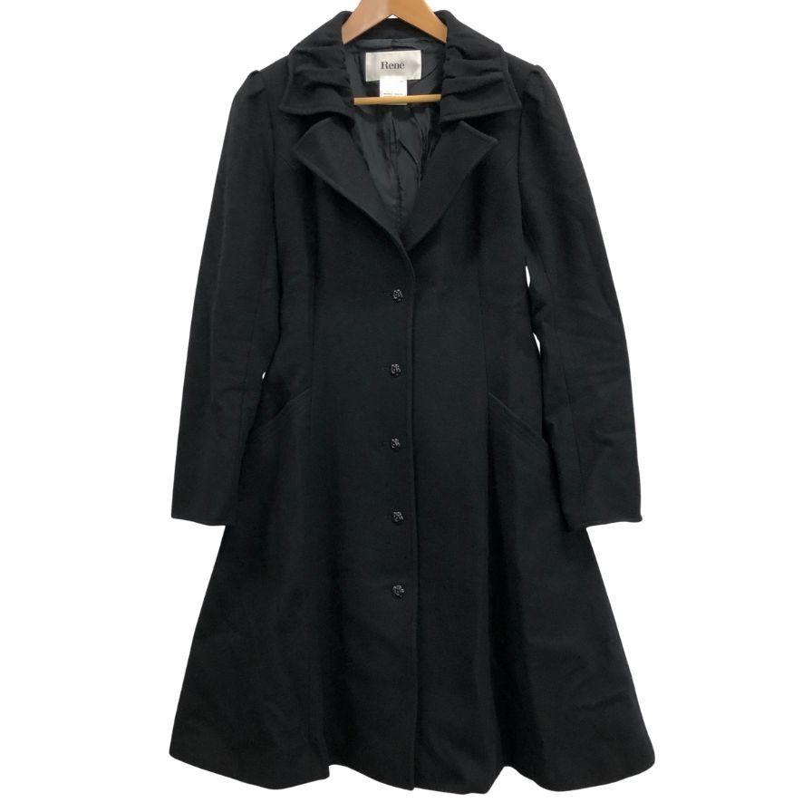 Reneルネ ベルテッドフレアコート 黒 カメリアボタン 36ウール Rene