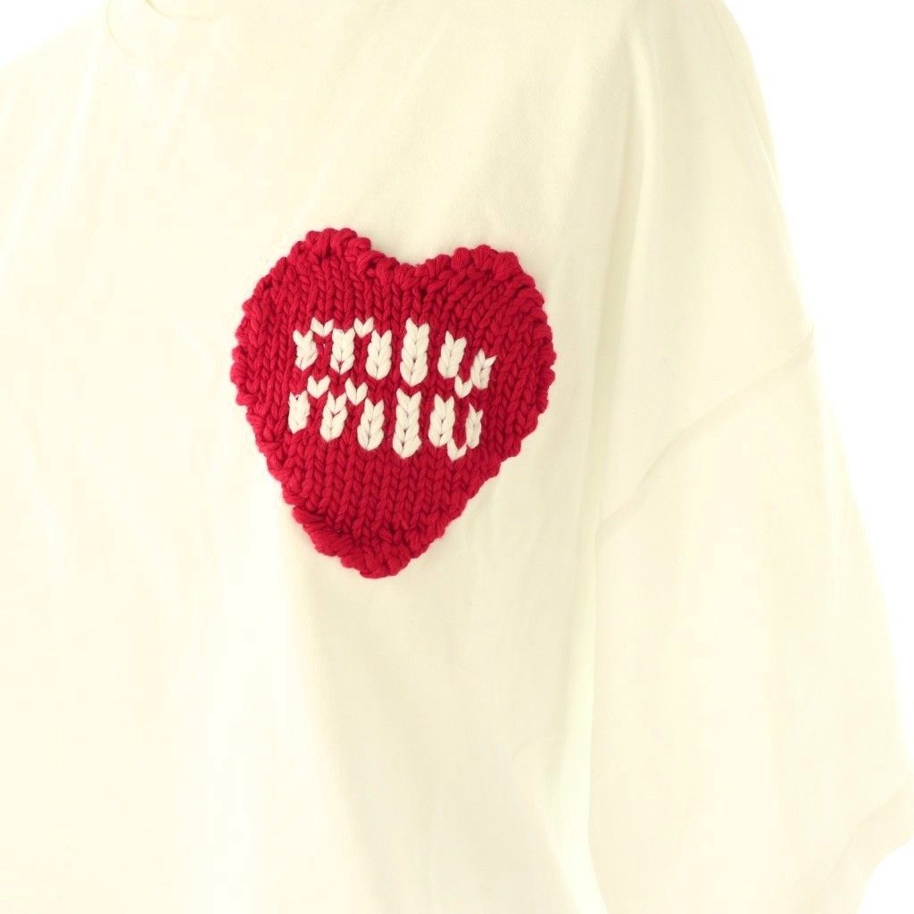 ミュウミュウ miumiu MJN385 ハートロゴ刺繍 クロップドTシャツ カットソー XS ホワイト レッド |ES OS