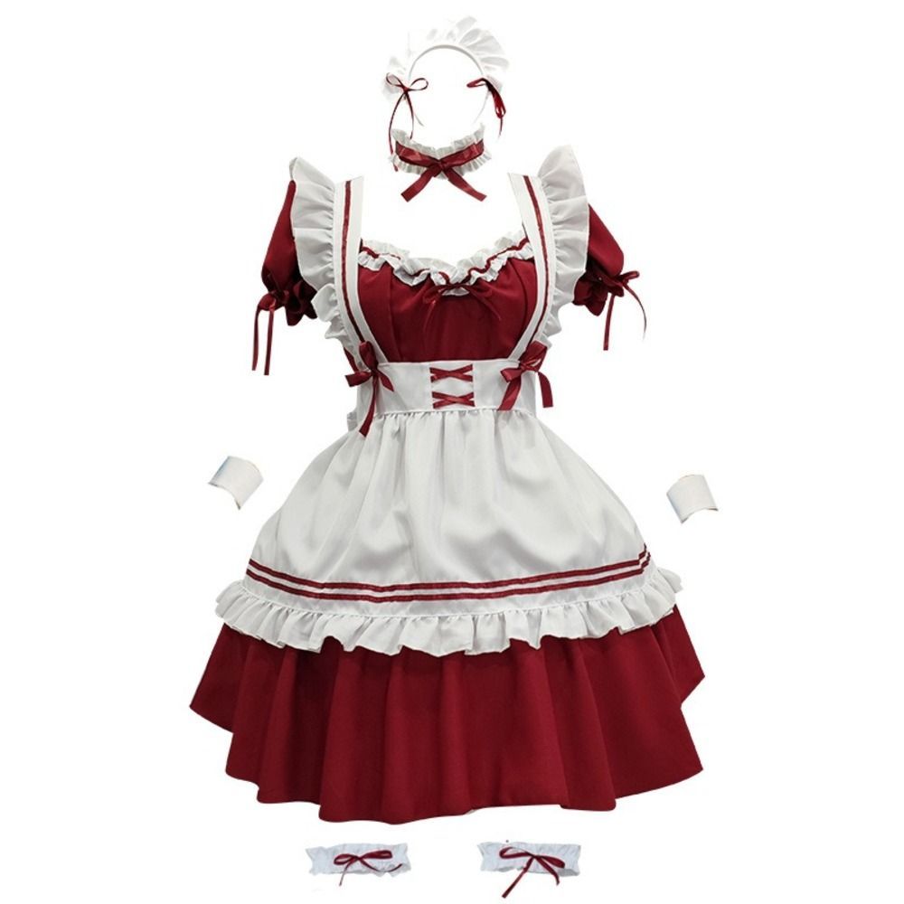 ☆ ワインレッド ☆ Lサイズ ☆ メイド服 コスプレ ロリータ メイド服 コスプレ ロリータ 半袖 ドレス ワンピース 衣装 コスチューム 仮装 女装 フリル メイド カチューシャ付き セット かわいい 可愛い レディース 女の子 女性 大人 宴会 イベント