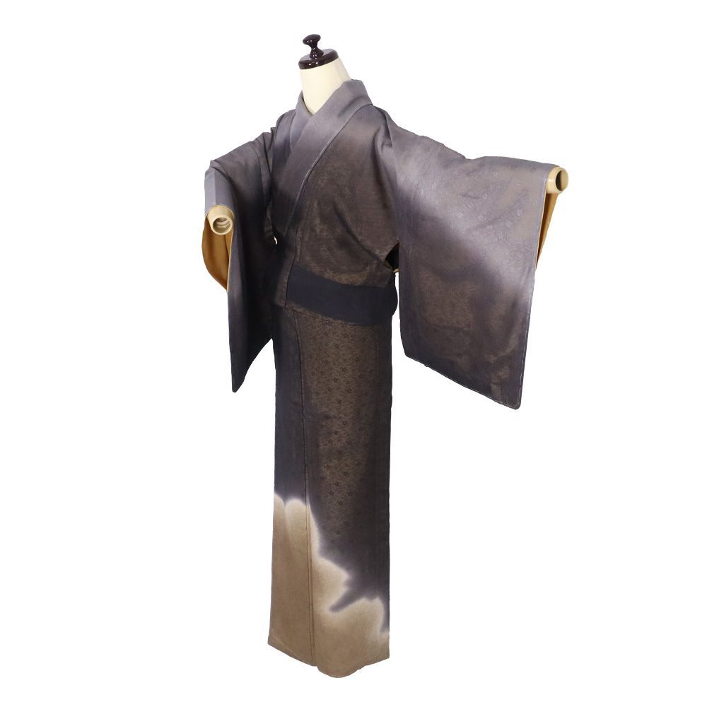 紗袷 友禅訪問着 正絹 紗 薄紫 グレー紫 抹茶色 桜 暈し Mサイズ