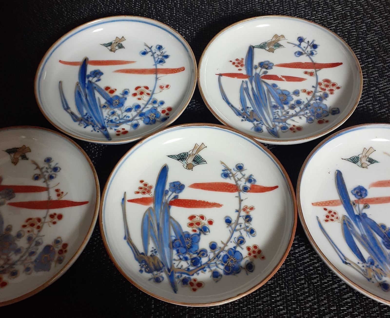 江戸時代末期～明治時代 古伊万里 染錦 金彩染付 梅に鶯の図 小皿 豆皿 5客