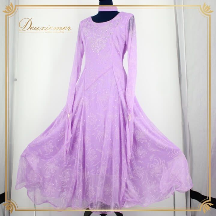 社交ダンス 衣装 ドレス ワンピース レッスンウェア レディース オールシーズン パープル系 薄紫 ライラック チョーカー ラインストーン 上品 フロート付き デザイン 豪華 ラインストーン ホログラム 軽やか 体型カバー 長袖 おしゃれ
