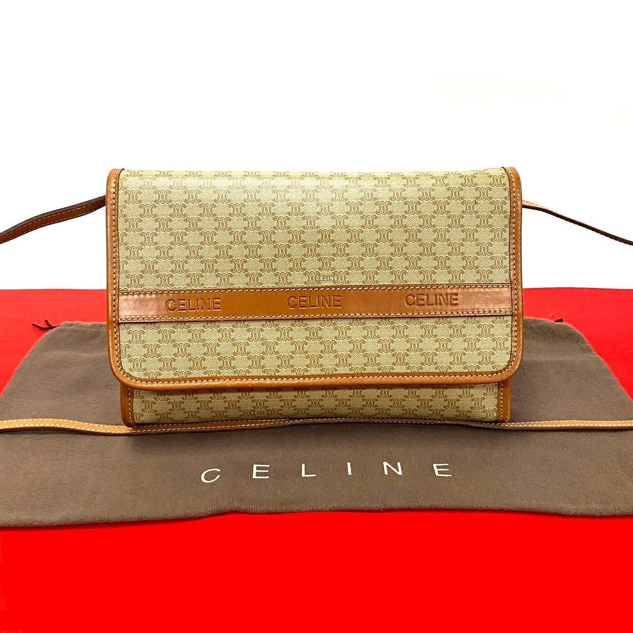 極 美品 セリーヌ マカダム ブラゾン 柄 レザー ショルダーバッグ ポシェット CELINE 極 美品 袋付 セリーヌ ヴィンテージ マカダム ブラゾン