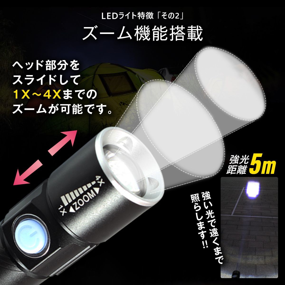 激安店舗 円筒型自転車ライト 3段階LED USB充電 防水 黒 ホルダー コンパクト