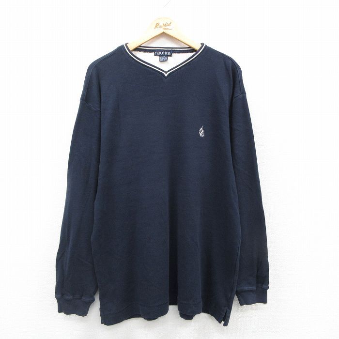 XL/古着 ノーティカ 長袖 ブランド セーター メンズ 90s ワンポイントロゴ コットン Vネック 紺他 ネイビー 24dec21 中古 ニット トップス