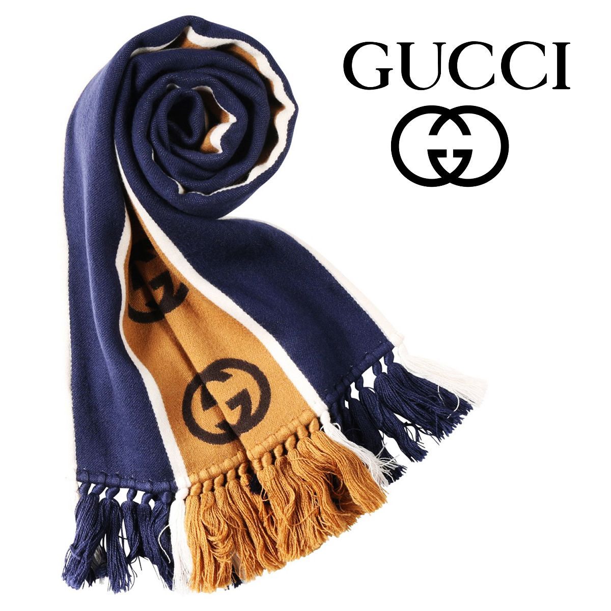 38 GUCCI マフラー ストール 男女兼用 ウール混 ネイビー 575605
