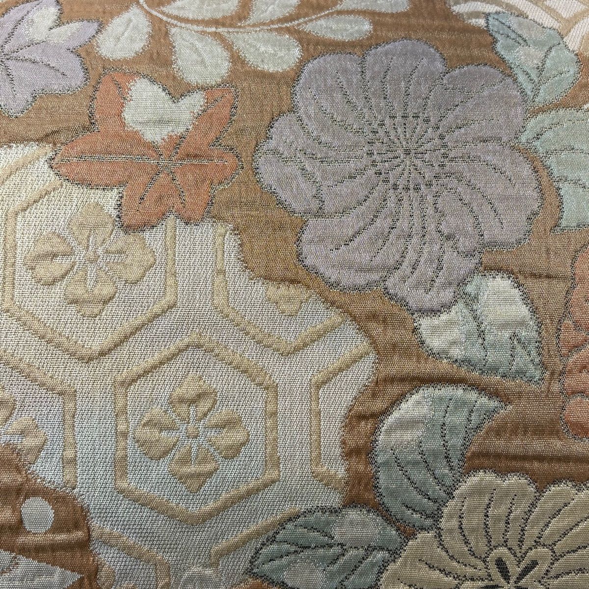 袋帯 秀品 辻が花 亀甲 金糸 ベージュ 六通 正絹