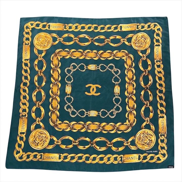 超美品 CHANEL シャネル ココマーク チェーン デザイン シルク100  